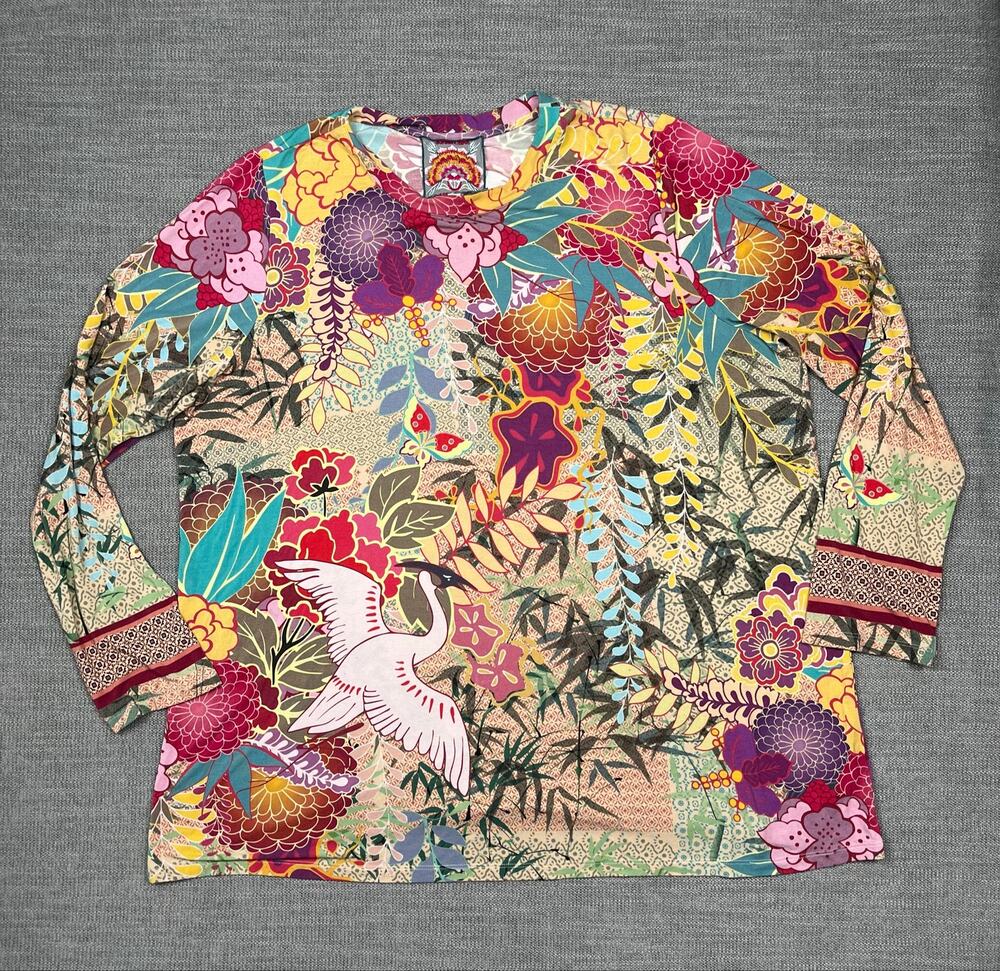 Johnny Was Getsu Crewneck Shirt Women's 1X Multicolor Floral Crane Print